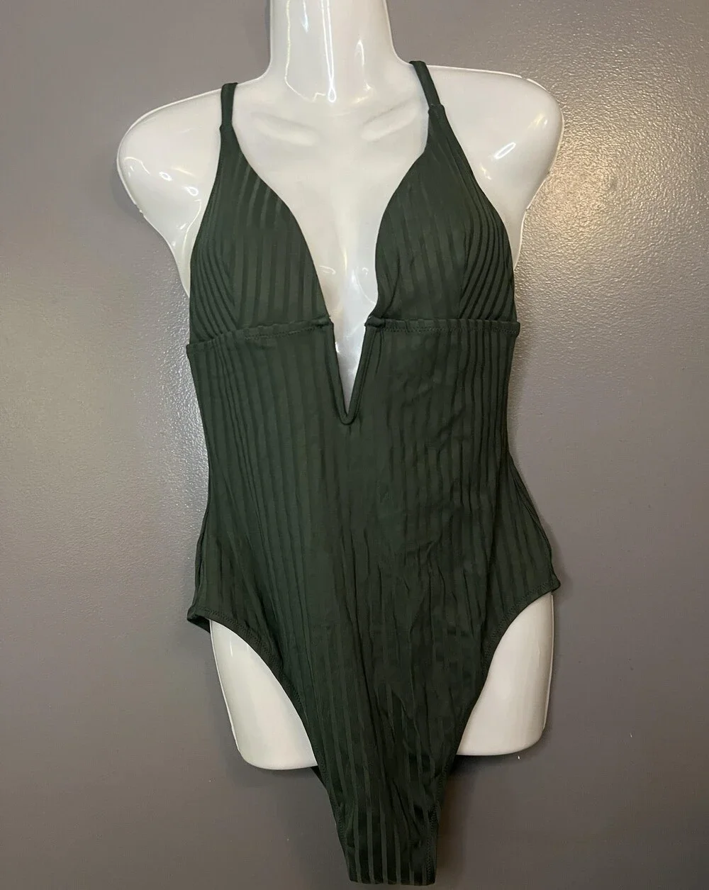 Shade & Shore Swimsuit Womens Large Green Ribbed Plunge One Piece Cutout Back